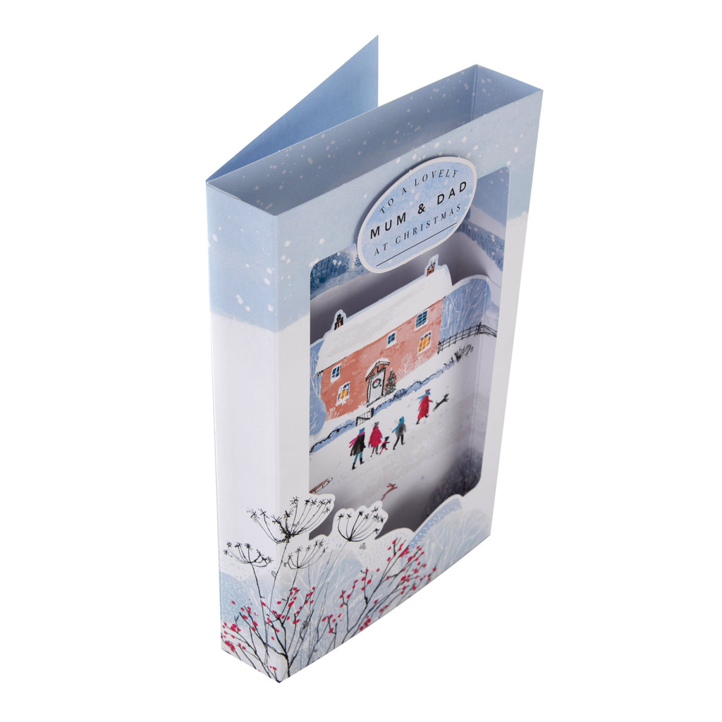 Christmas Card for Mum and Dad - Traditional Winter House 3D Card with 3D Add On