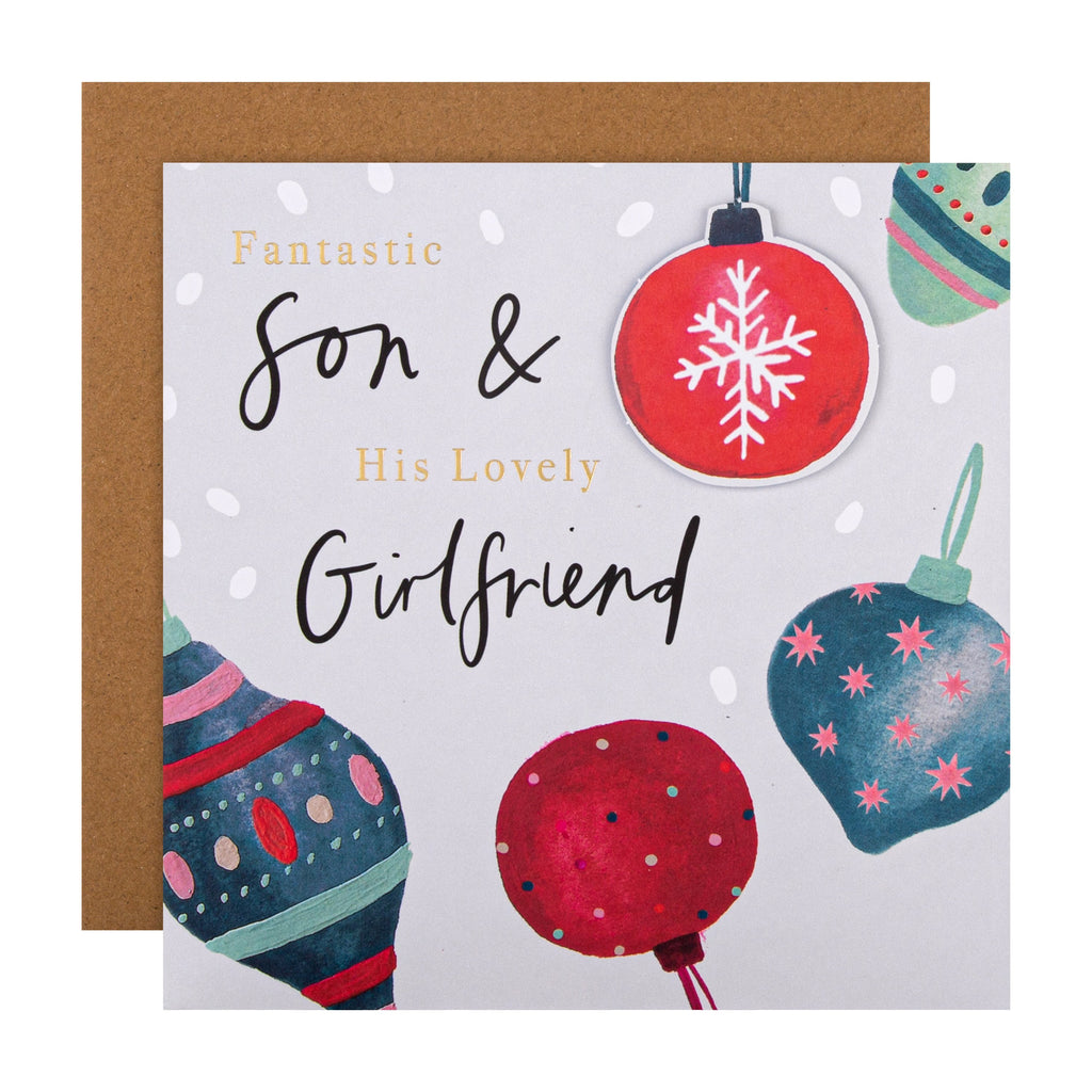 Christmas Card for Son and Girlfriend - Contemporary Colourful Bauble Design with 3D Add On and Gold Foil