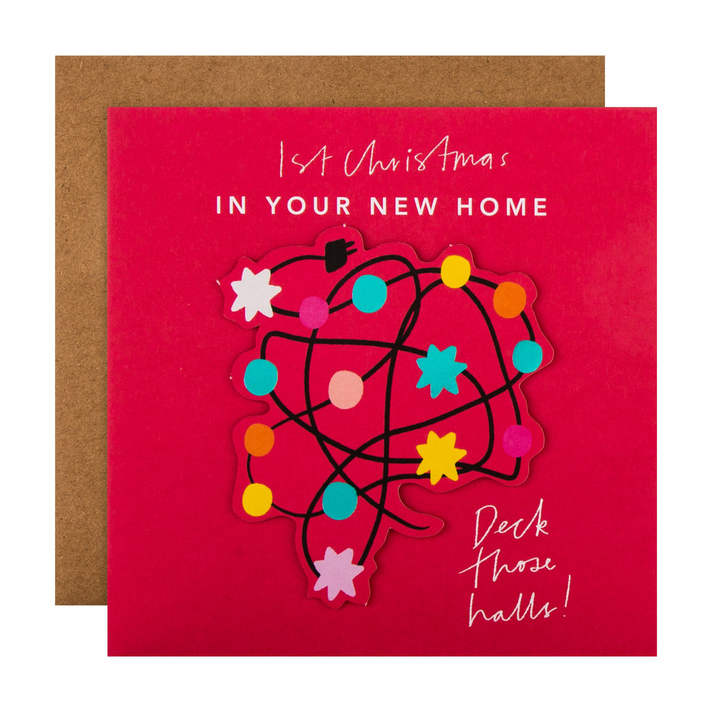 Christmas Card for New Home - Contemporary Fairy Lights Design with 3D Add Ons and Green Foil