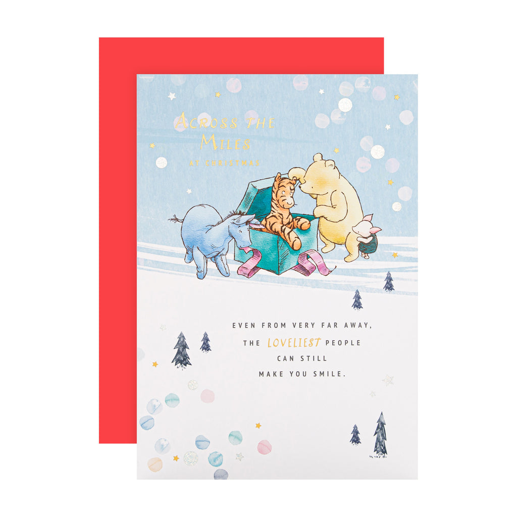 Christmas Card for Across The Miles - Cute Winnie the Pooh Design with Gold and Silver Foil