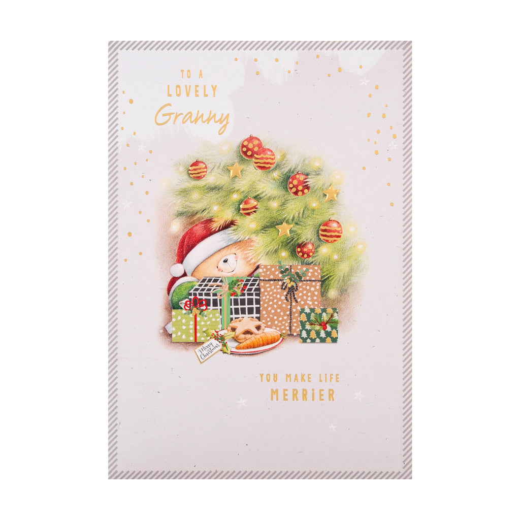 Christmas Card for Granny - Cute Forever Friends Tree and Gifts Design with Gold Foil