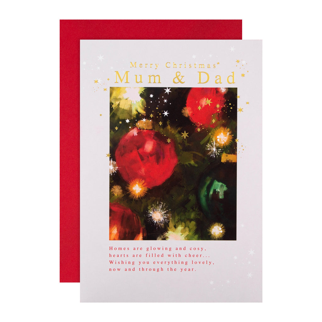 Christmas Card for Mum and Dad - Classic Festive Lights Design with Gold Foil