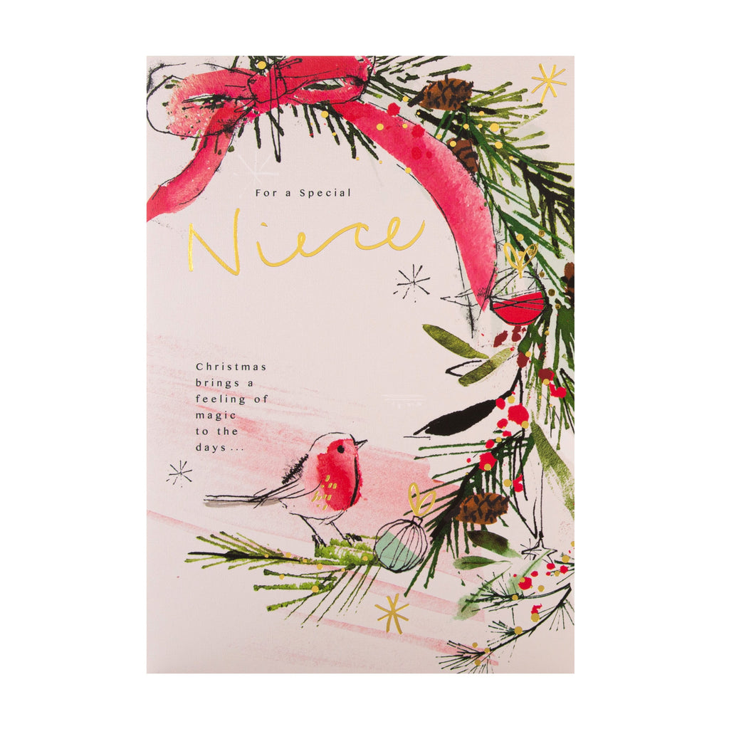 Christmas Card for Niece - Traditional Winter Robin Design with Gold Foil