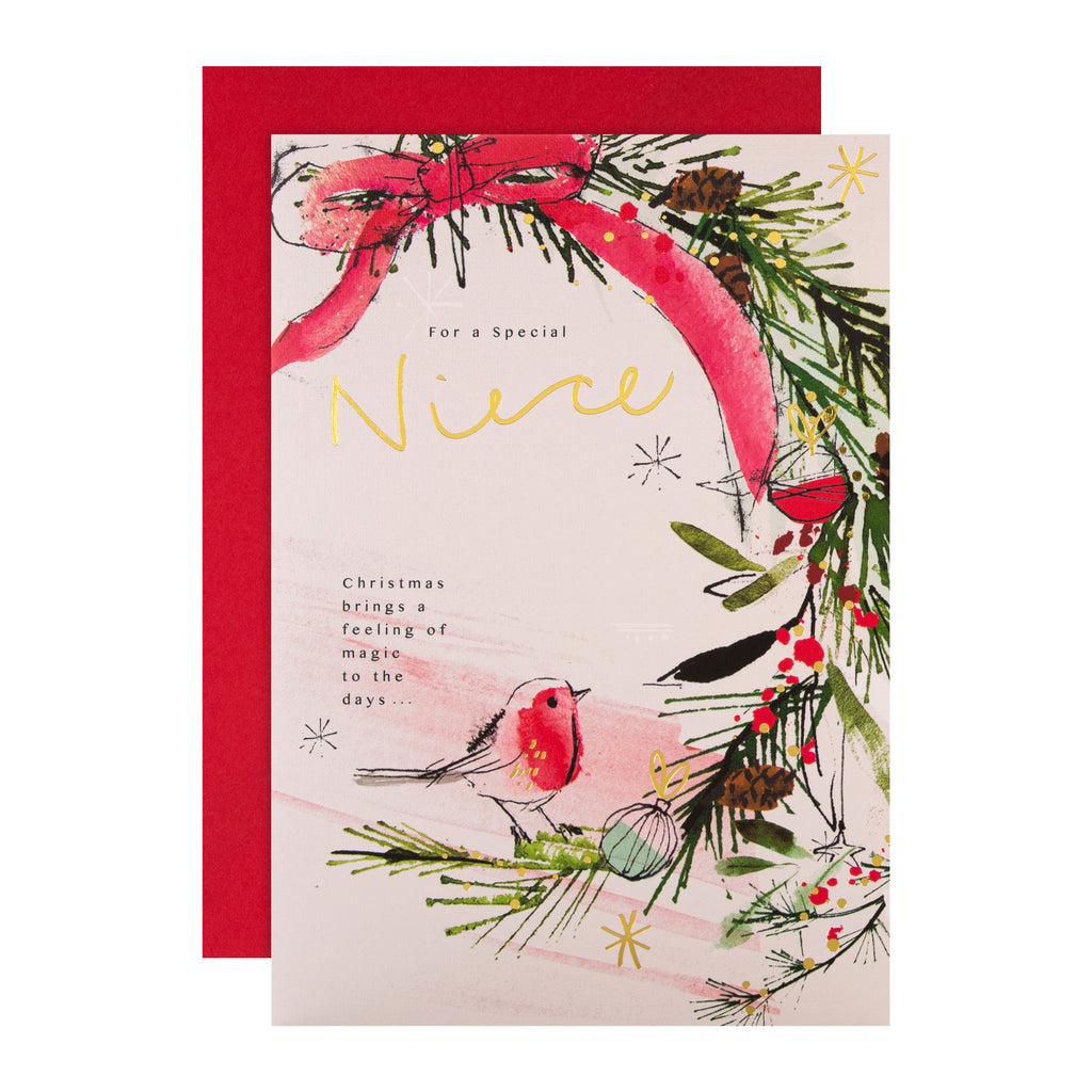 Christmas Card for Niece - Traditional Winter Robin Design with Gold Foil