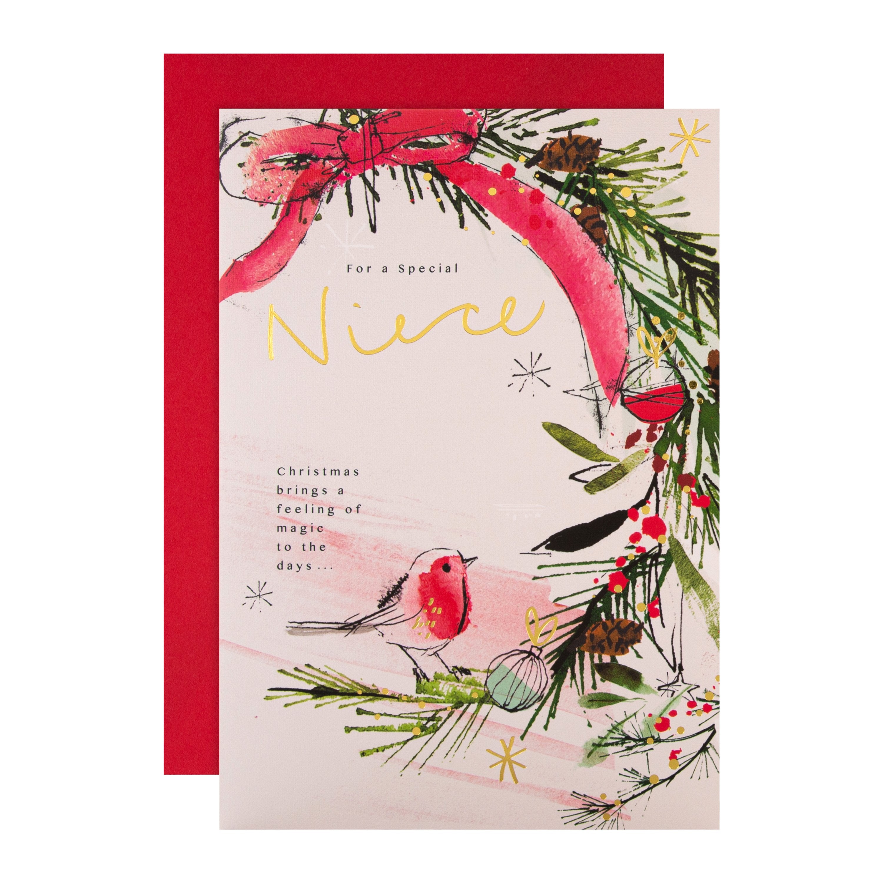 Christmas Card Niece Traditional Winter Robin Design Foil
