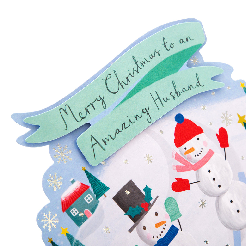 Christmas Card for Husband - Cute Snowmen Die Cut Design with Silver Foil and 3D Add On