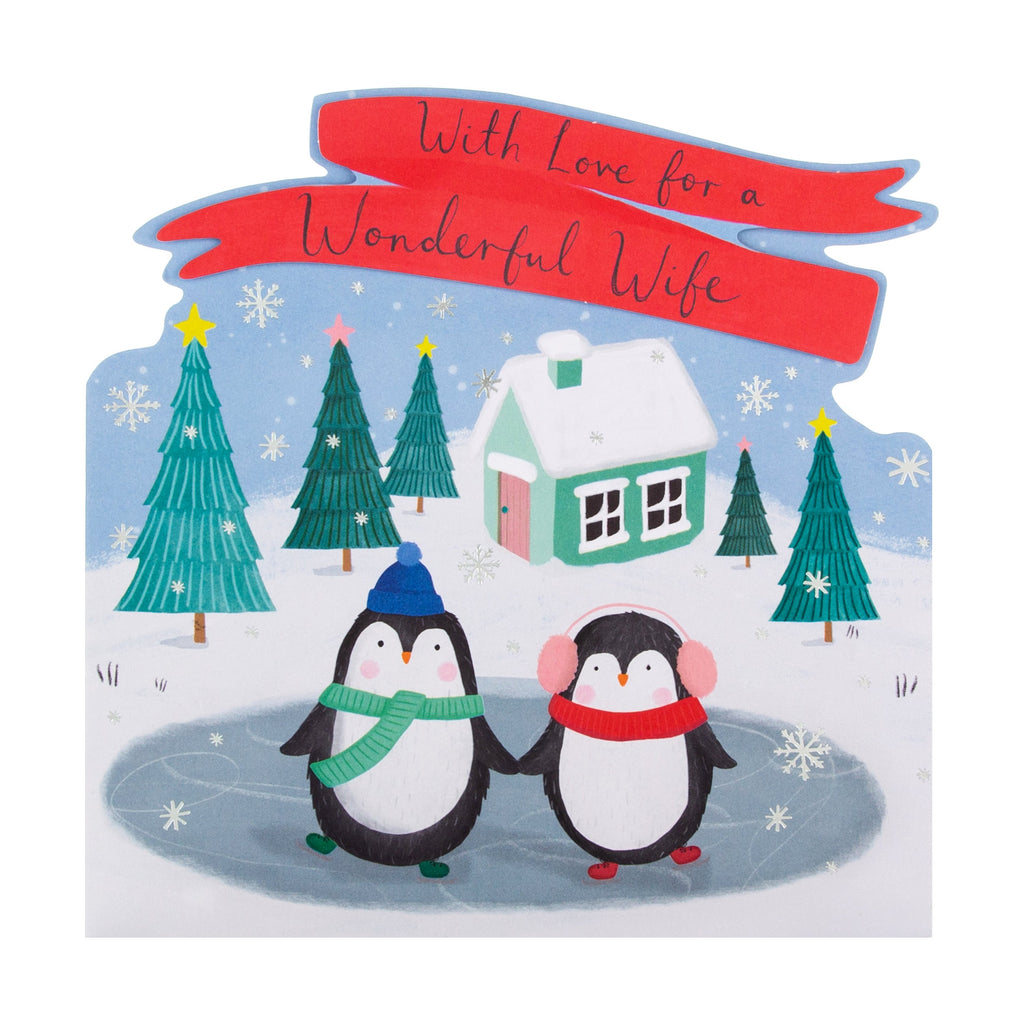 Christmas Card for Wife - Cute Penguins Skating Die Cut Design with Silver Foil and 3D Add On