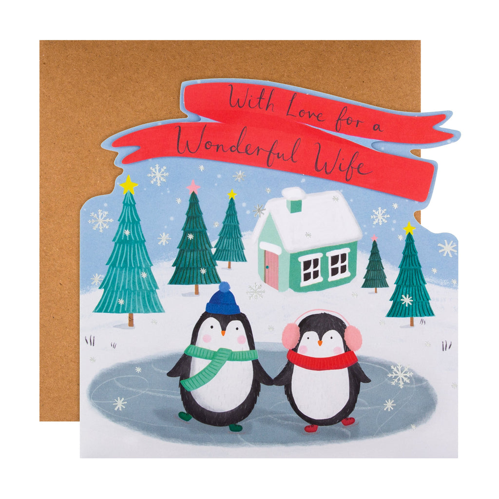 Christmas Card for Wife - Cute Penguins Skating Die Cut Design with Silver Foil and 3D Add On