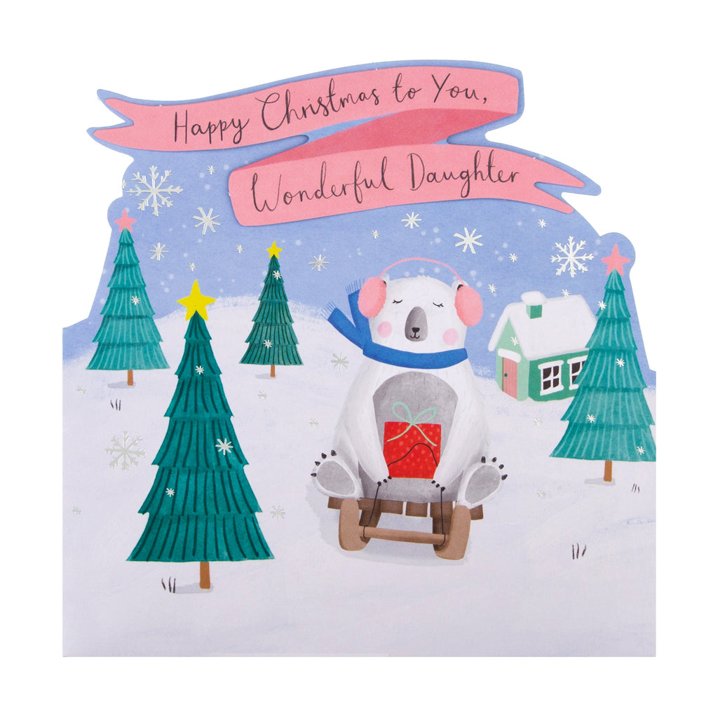 Christmas Card for Daughter - Cute Winter Wonderland Die Cut Design with Silver Foil and 3D Add On