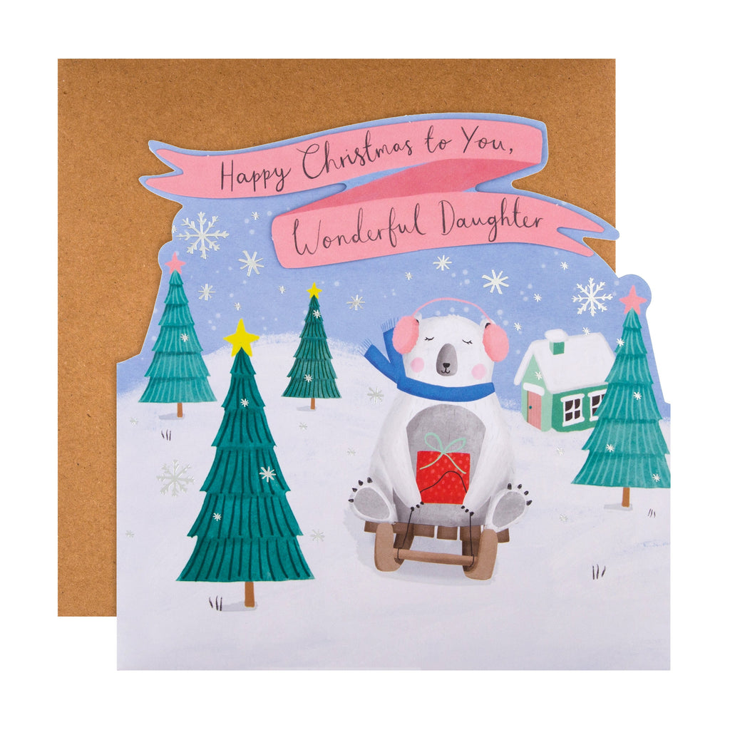 Christmas Card for Daughter - Cute Winter Wonderland Die Cut Design with Silver Foil and 3D Add On