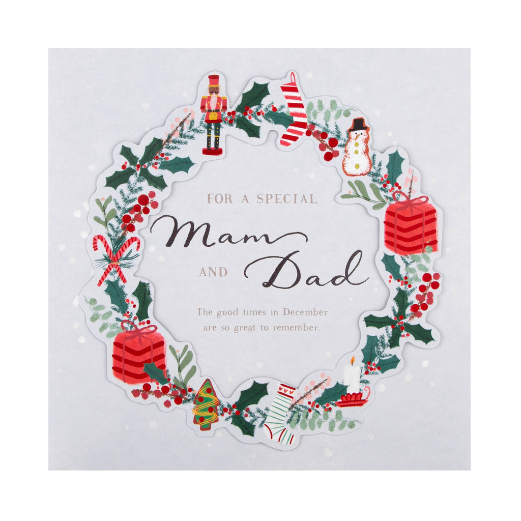 Christmas Card for Mam and Dad - Classic Festive Wreath Design with Red Foil and 3D Add On