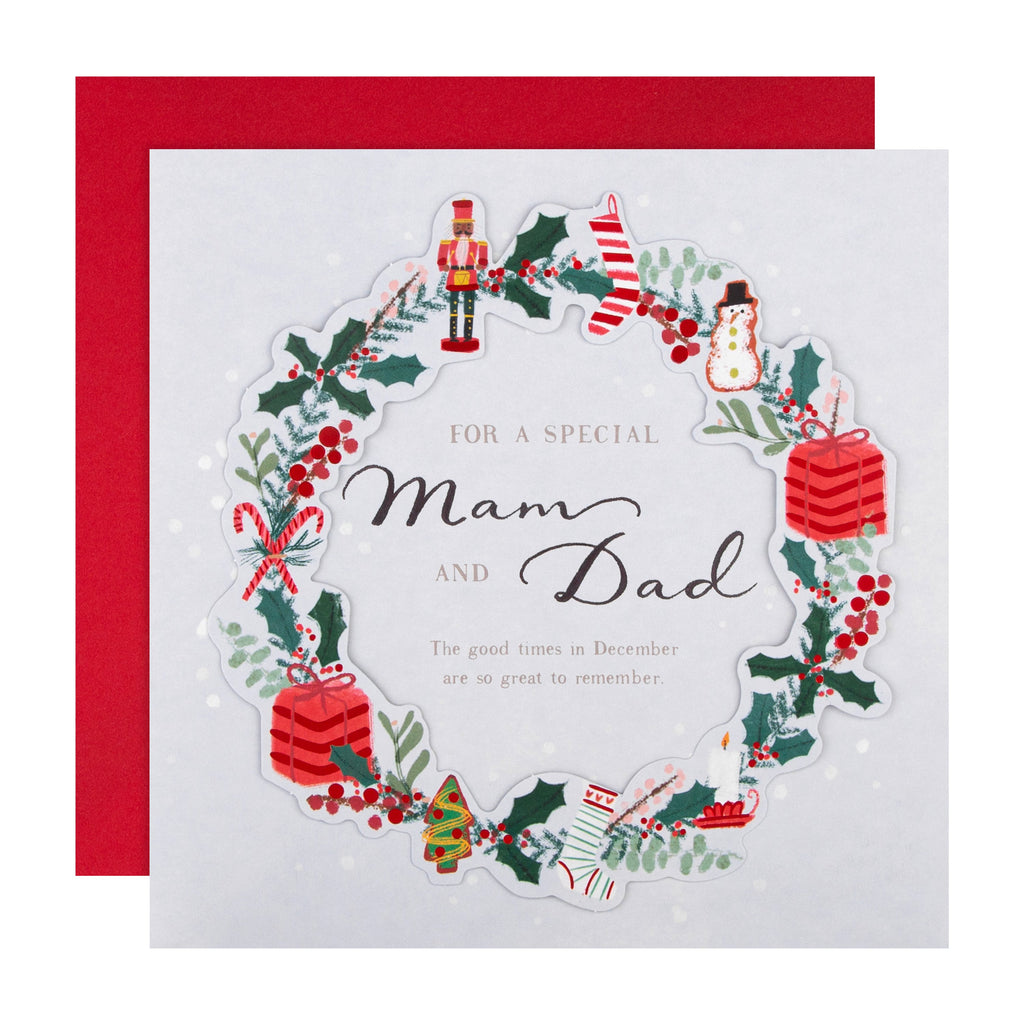 Christmas Card for Mam and Dad - Classic Festive Wreath Design with Red Foil and 3D Add On