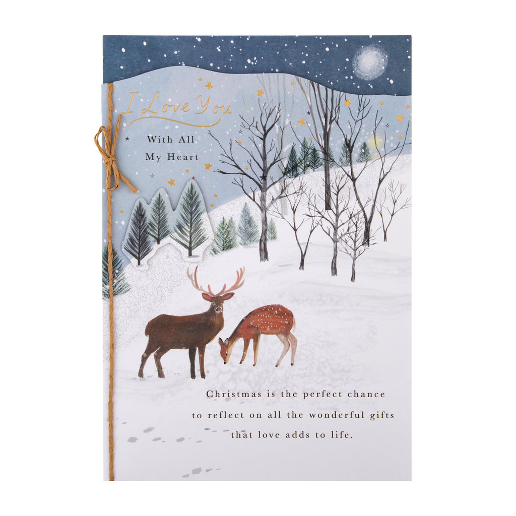 Christmas Card for One I Love - Traditional Winter Reindeers Design with Gold Foil