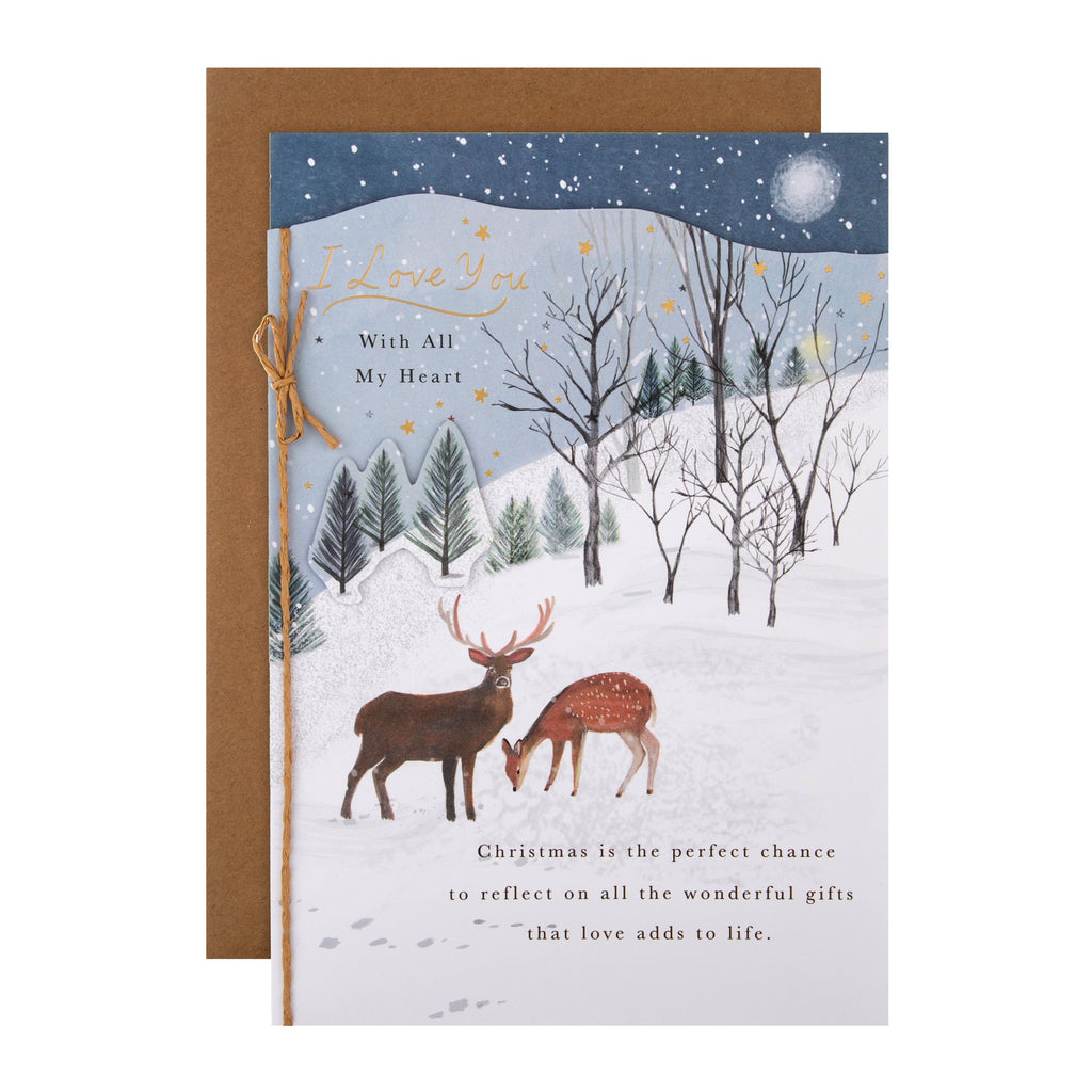 Christmas Card for One I Love - Traditional Winter Reindeers Design with Gold Foil