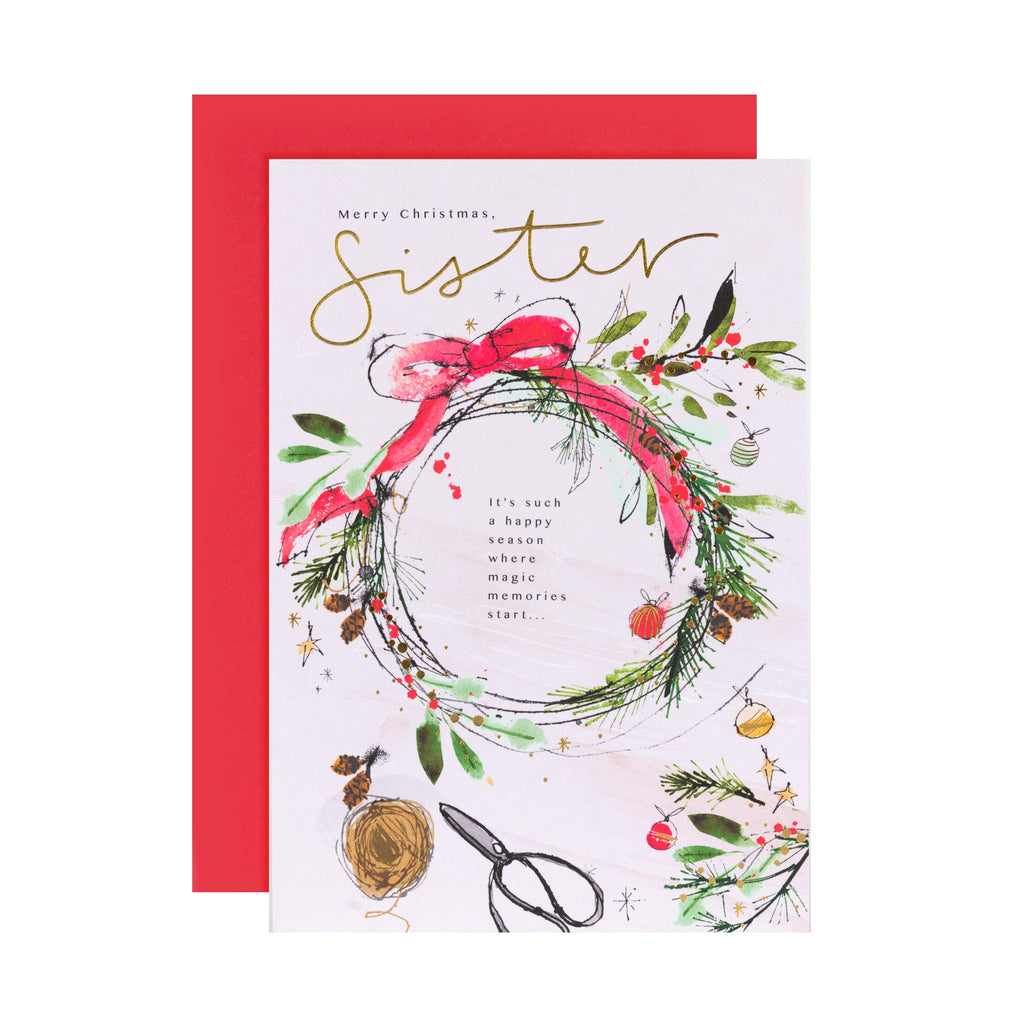 Christmas Card for Sister - Classic Illustrated Festive Wreath Design
