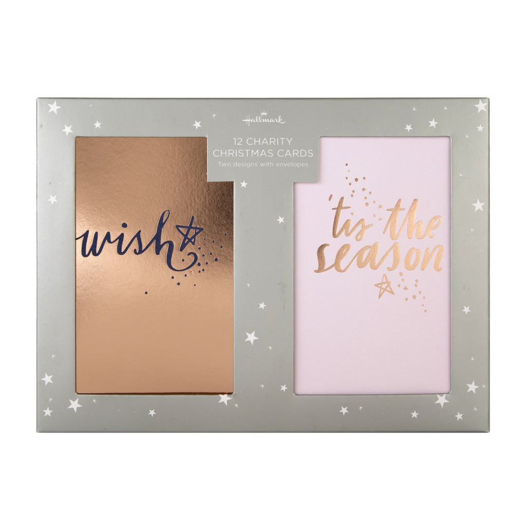 Charity Christmas Cards - Pack of 12 in 2 Text Based Designs with Bronze Foil