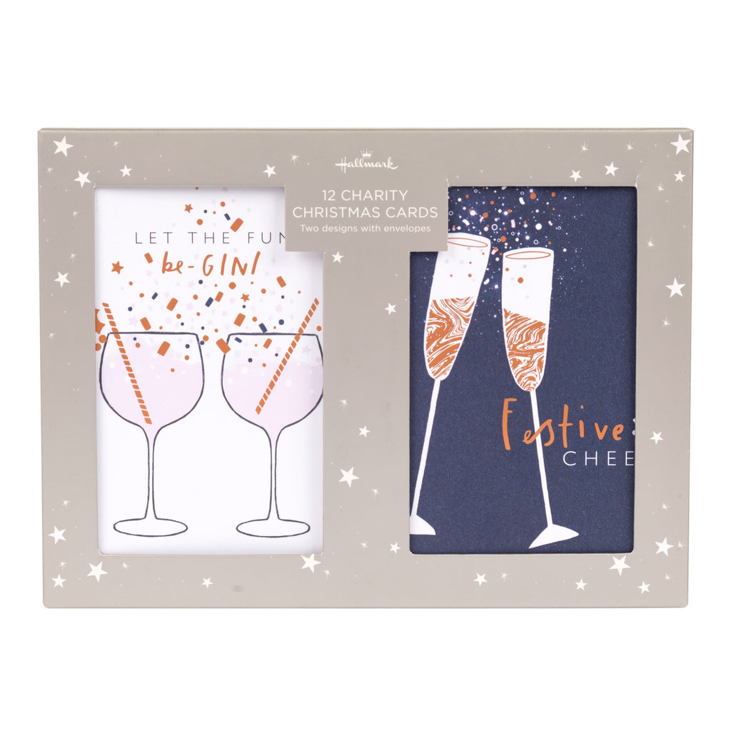 Charity Christmas Cards - Pack of 12 in 2 Party Themed Designs with Rose Gold Foil