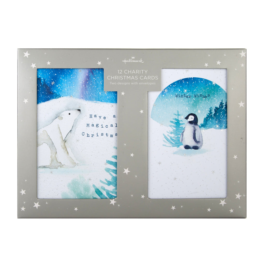 Charity Christmas Cards - Pack of 12 in 2 Cute Polar Bear Designs with Silver Foil