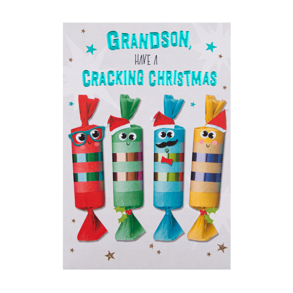 Christmas Card for Grandson - Funny Cracking Crackers Design with Blue Foil