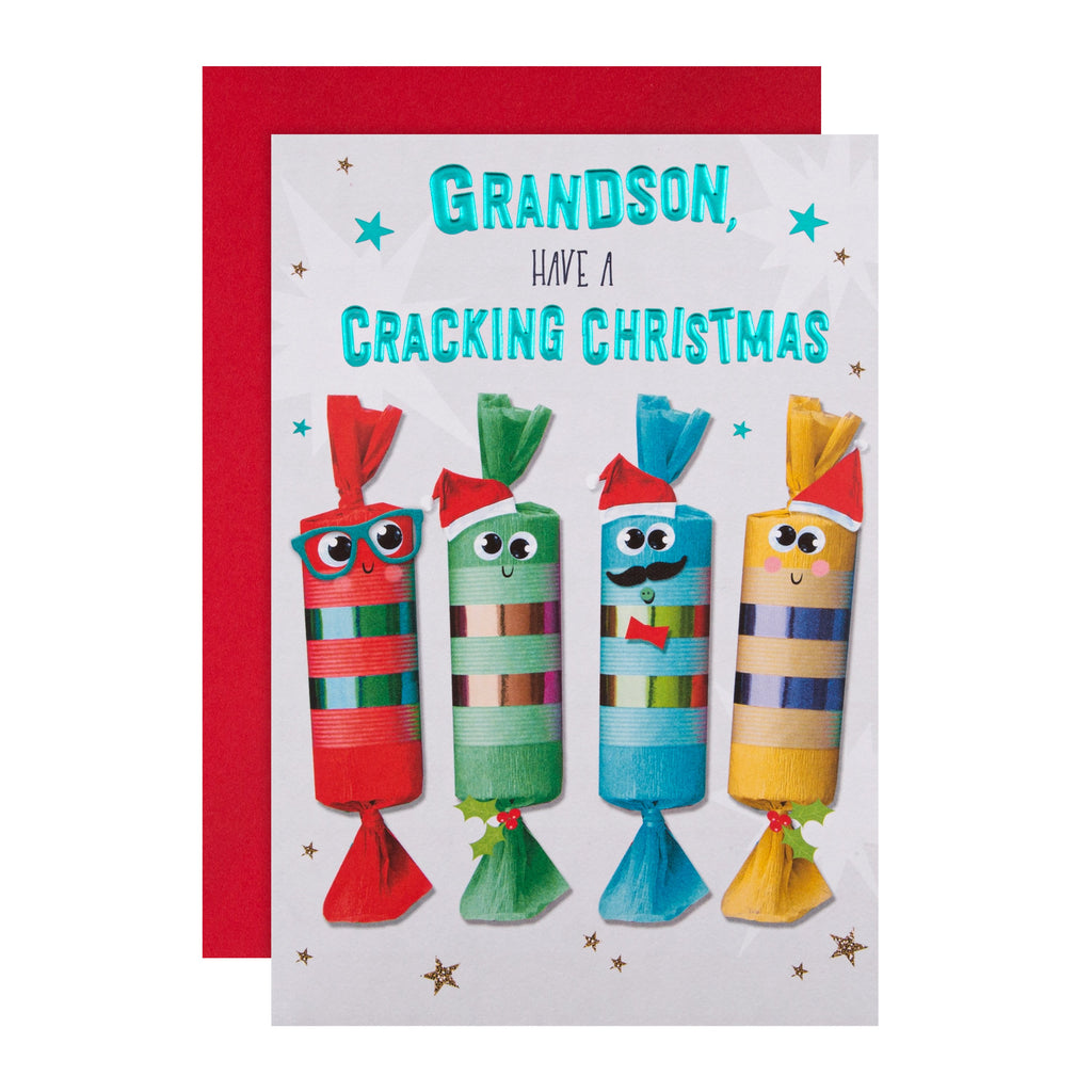 Christmas Card for Grandson - Funny Cracking Crackers Design with Blue Foil