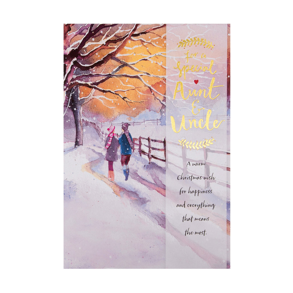 Christmas Card for Aunt and Uncle - Traditional Winter Scene Design with Gold Foil