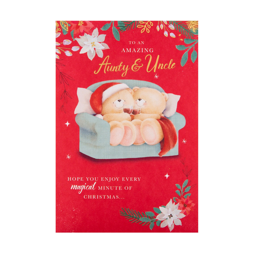 Christmas Card for Aunty and Uncle - Cute Forever Friends  Snuggle Sofa Design with Gold Foil