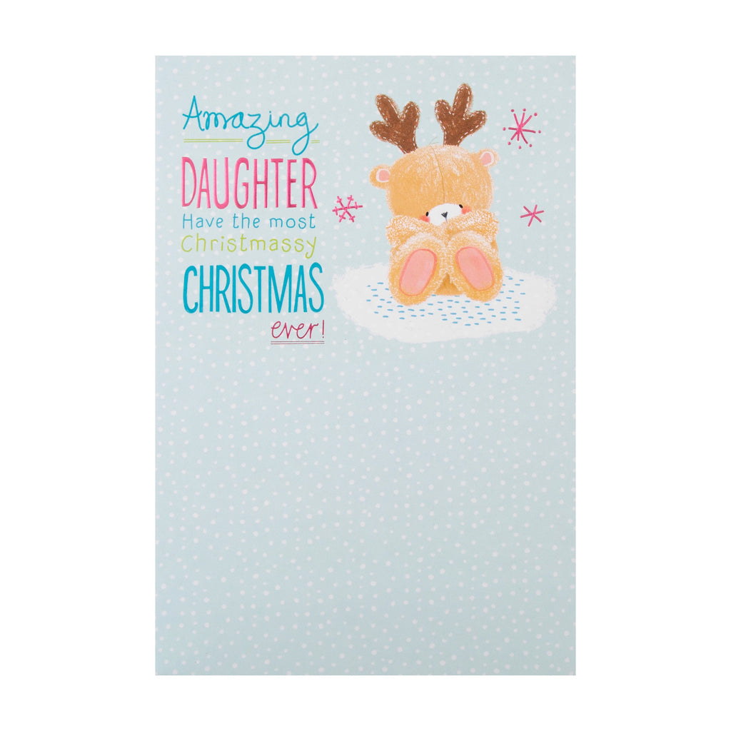 Christmas Card for Daughter - Cute 'Forever Friends' Reindeer Design with Pink Foil