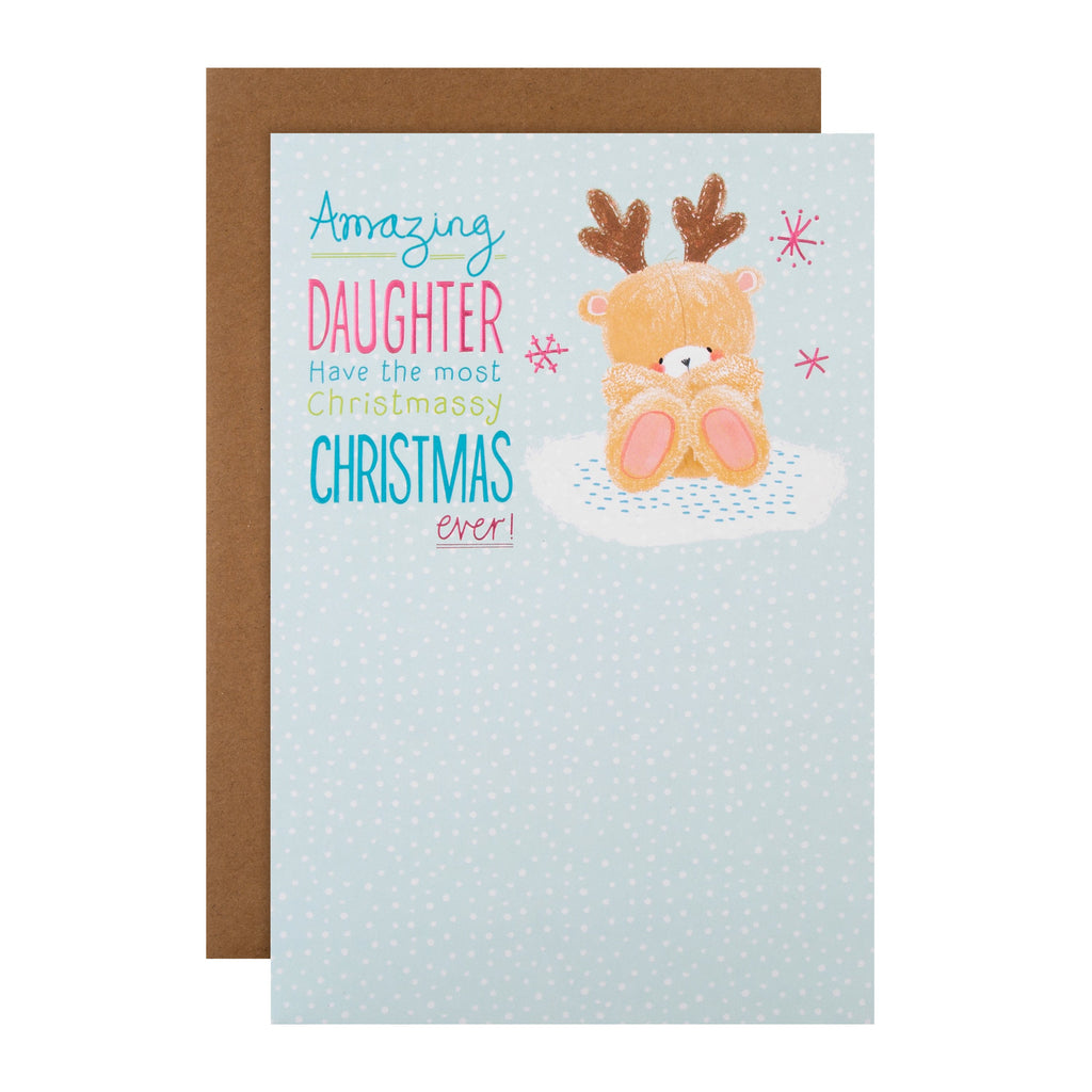 Christmas Card for Daughter - Cute 'Forever Friends' Reindeer Design with Pink Foil