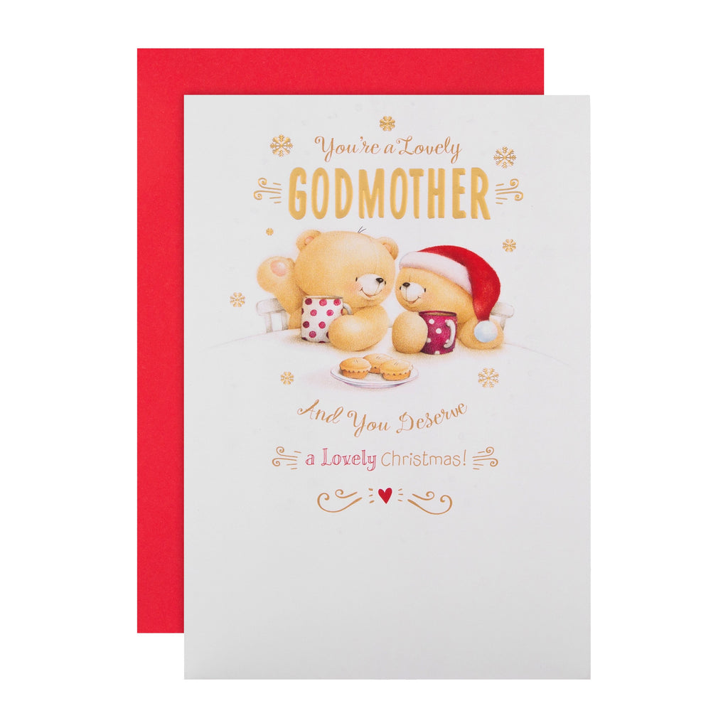 Christmas Card for Godmother - Cute Forever Friends Design with Gold Foil