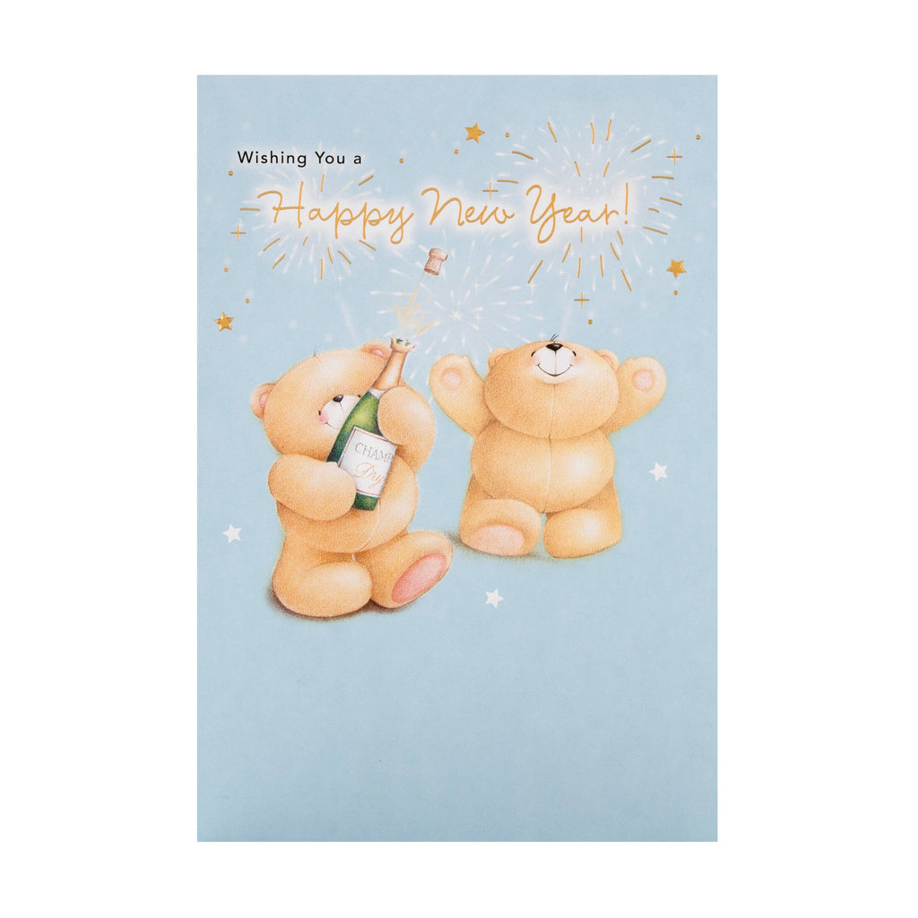 General Happy New Year Card - Cute Forever Friends Celebration Fizz Design with Gold Foil