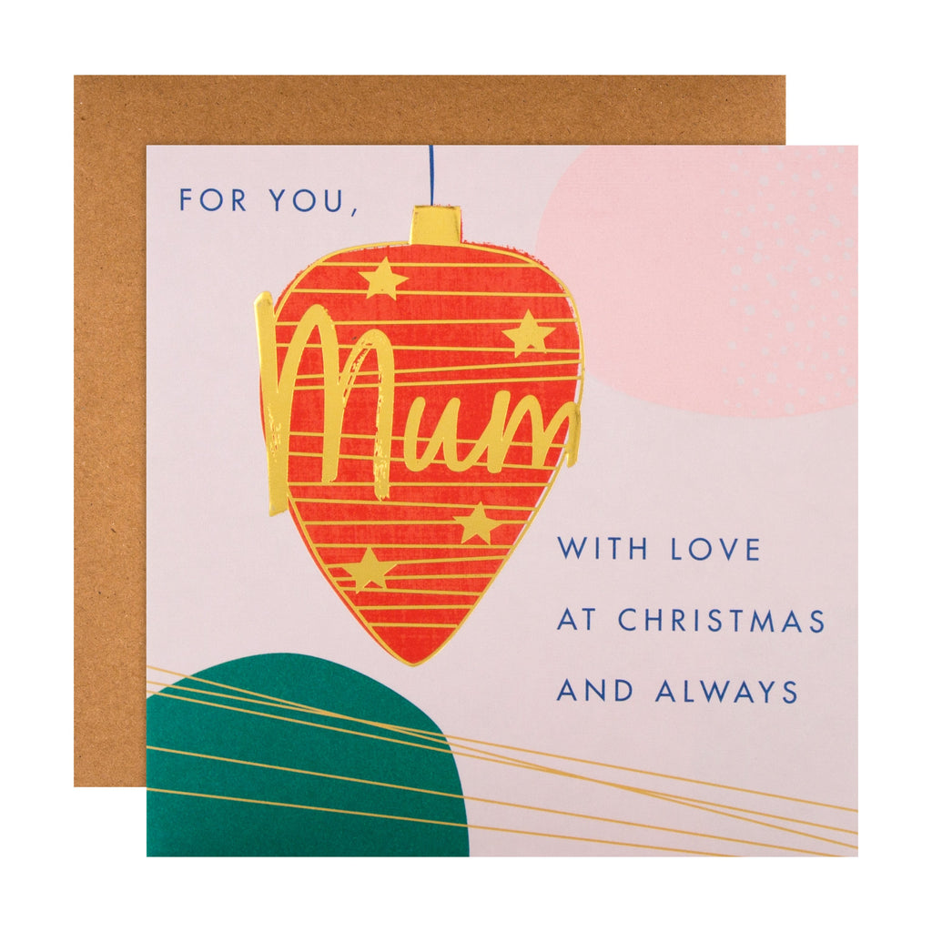 Christmas Card for Mum - Contemporary Festive Bauble Design with Gold Foil