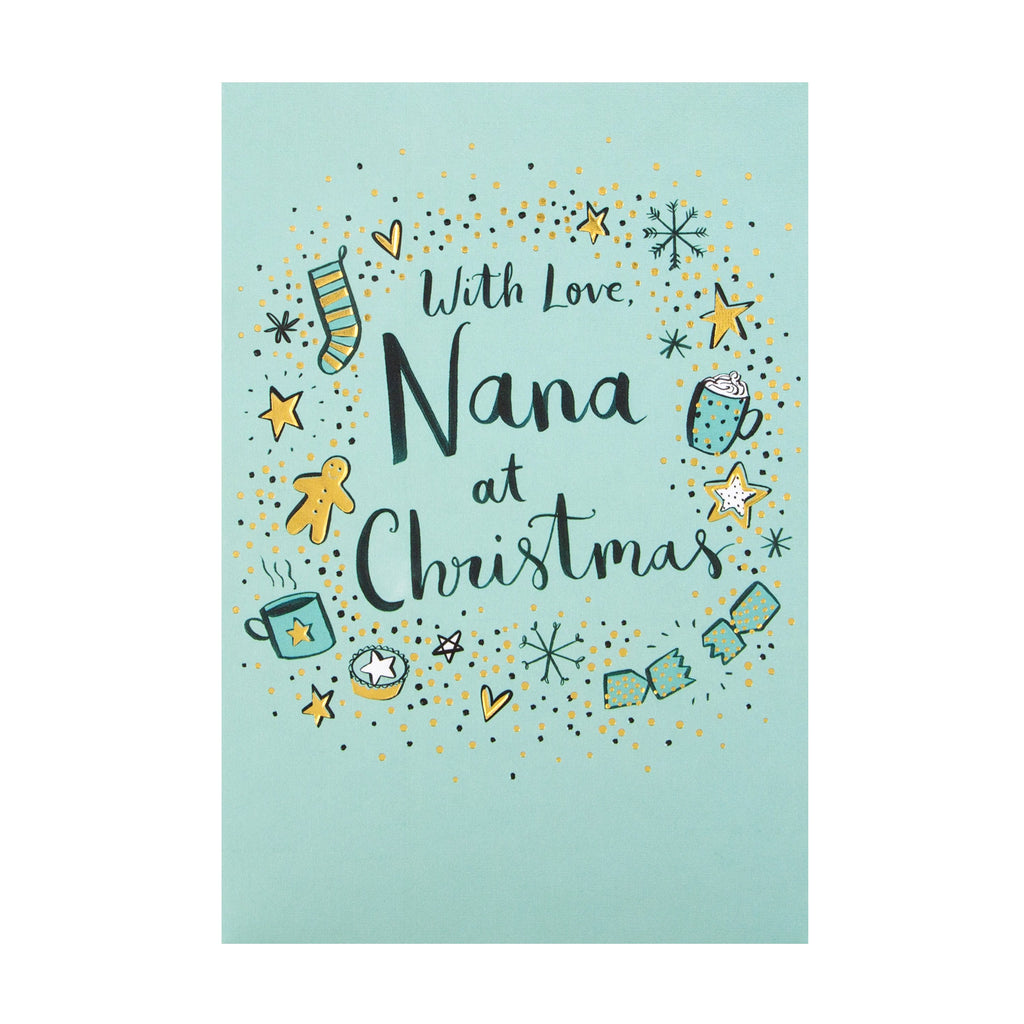 Christmas Card for Nana - Contemporary Illustrated Festive Design with Gold Foil