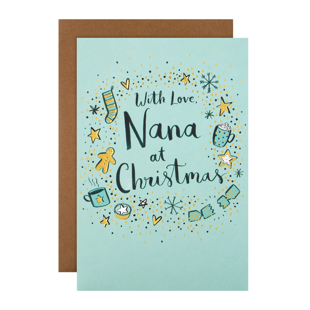 Christmas Card for Nana - Contemporary Illustrated Festive Design with Gold Foil