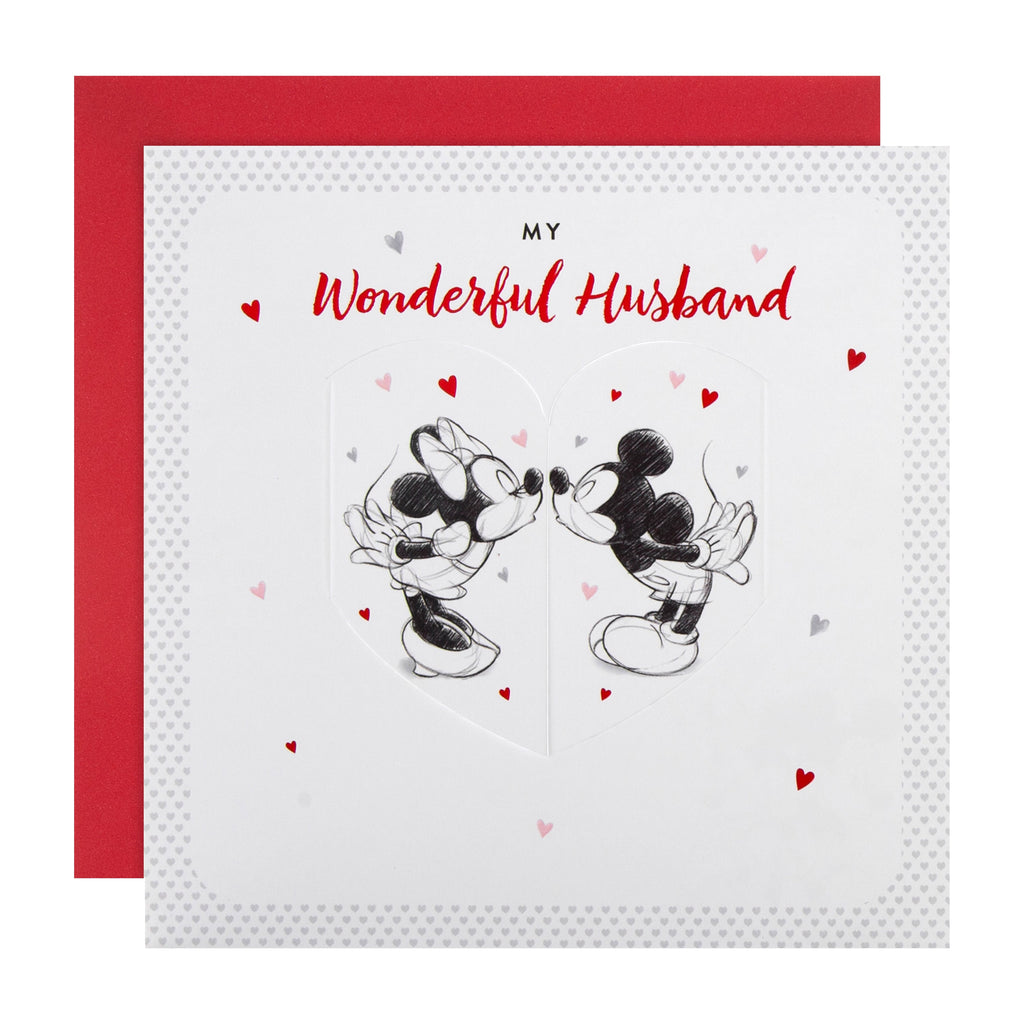 Valentine's Card for Husband - Cute Disney Mickey and Minnie Mouse Design with Red Foil