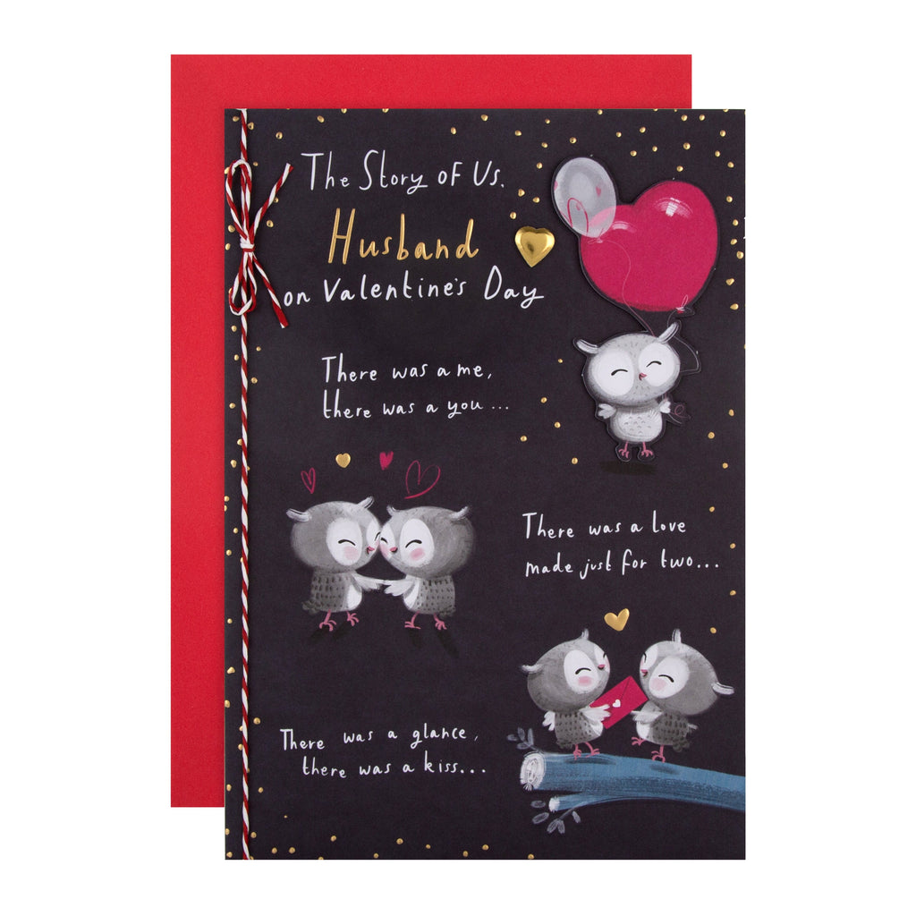Valentine's Day Card for Husband - Cute Cartoon Owls Design with Gold Foil and 3D Add On