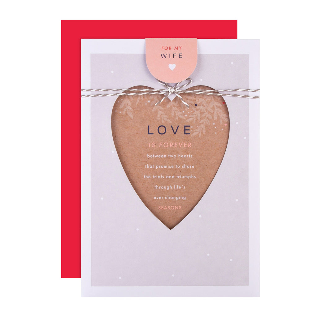 Valentine Card for Wife - Traditional Love Heart Poem Design with String Bow Attachment