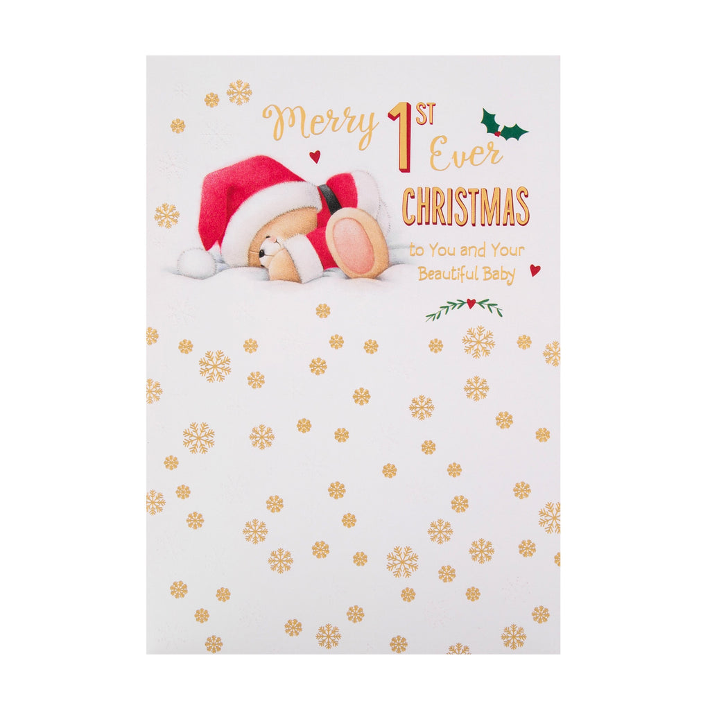 Christmas Card for Baby's First Christmas - Cute Snowflake Forever Friends Design with Gold Foil