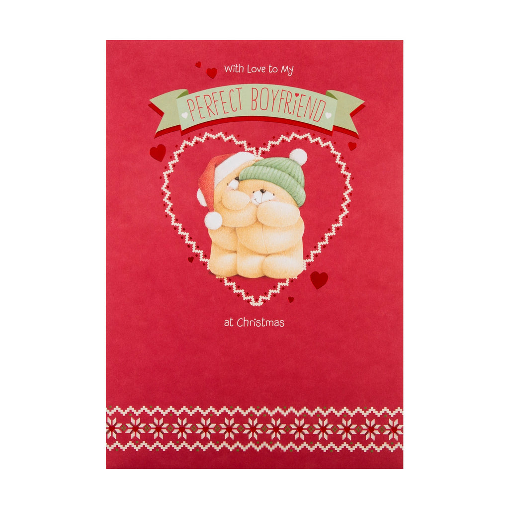 Christmas Card for Boyfriend - Cute Festive Hug Forever Friends Design with Red Foil
