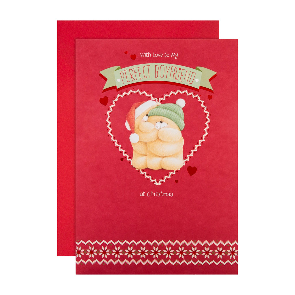 Christmas Card for Boyfriend - Cute Festive Hug Forever Friends Design with Red Foil