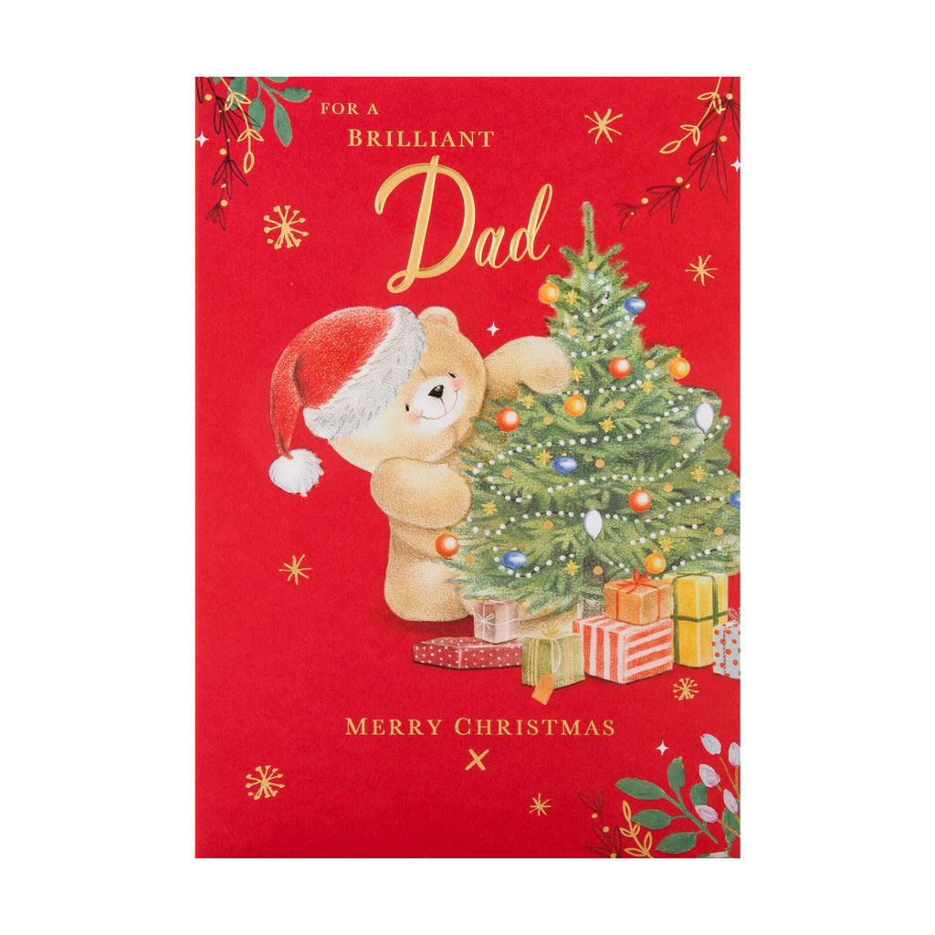 Christmas Card for Dad - Cute Forever Friends  Tree Decorations Design with Gold Foil