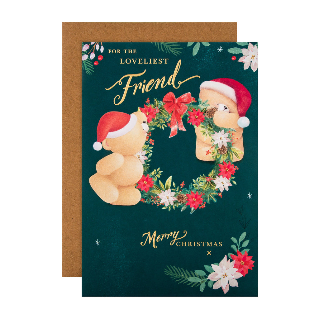 Christmas Card for Friend - Cute Forever Friends Wreath Design with Gold Foil