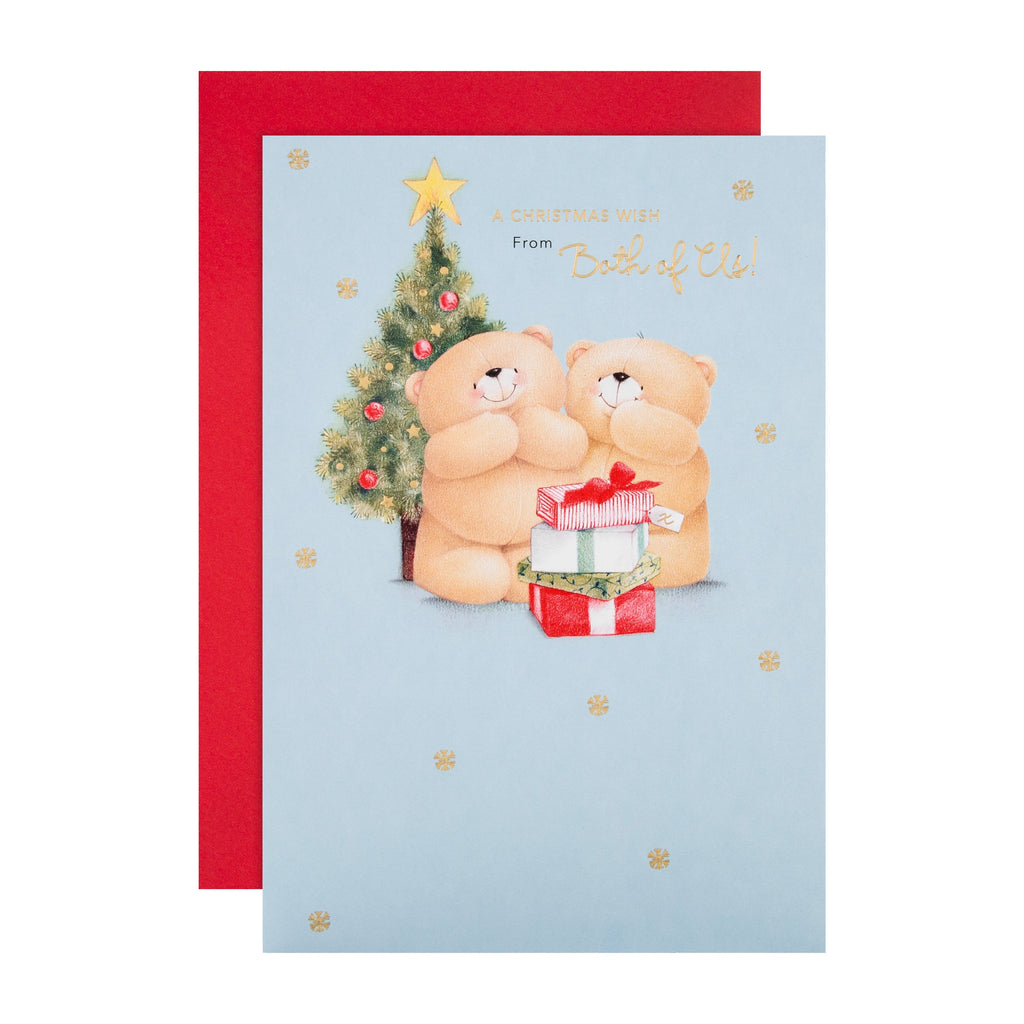 Christmas Card from Both of Us - Cute Forever Friends Presents and Tree Design with Gold Foil