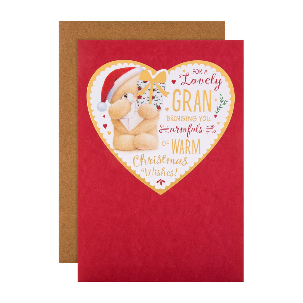 Christmas Card for Gran - Cute Forever Friends Heart and Gifts Design with Gold Foil