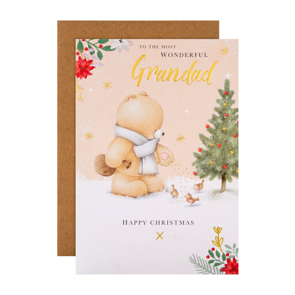 Christmas Card for Grandad - Cute Forever Friends Red Robins Design with Gold Foil