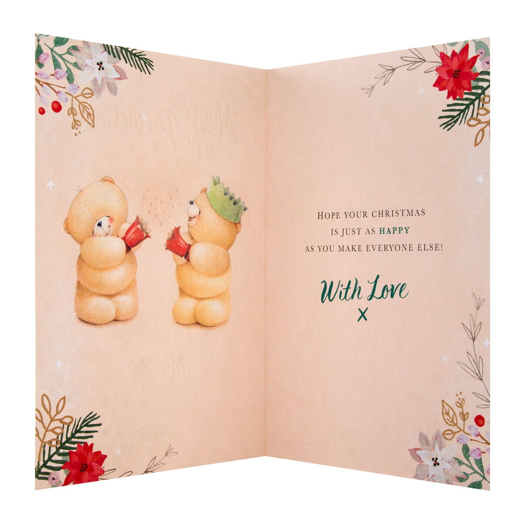 Christmas Card for Mum and her Partner - Cute Forever Friends Wreath Design with Gold Foil