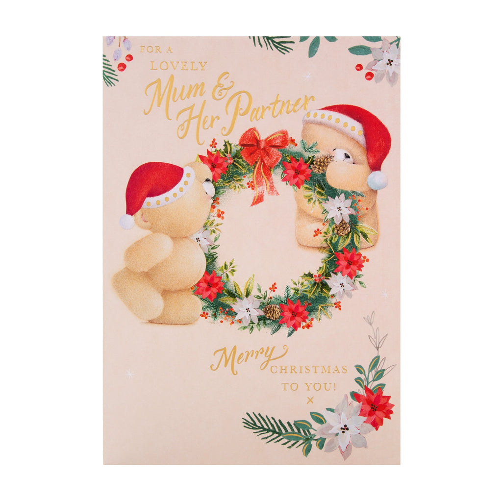 Christmas Card for Mum and her Partner - Cute Forever Friends Wreath Design with Gold Foil
