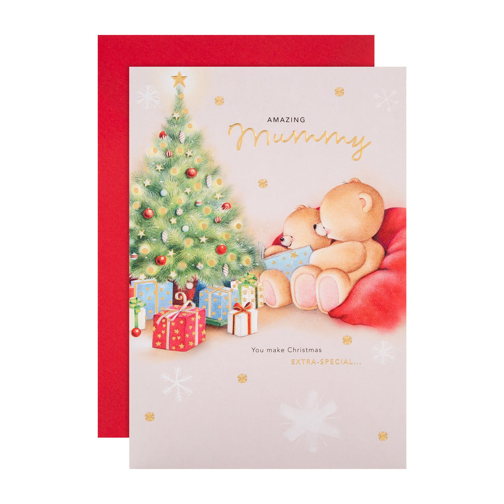 Christmas Card for Mummy - Cute Forever Friends Tree Lights Design with Gold Foil