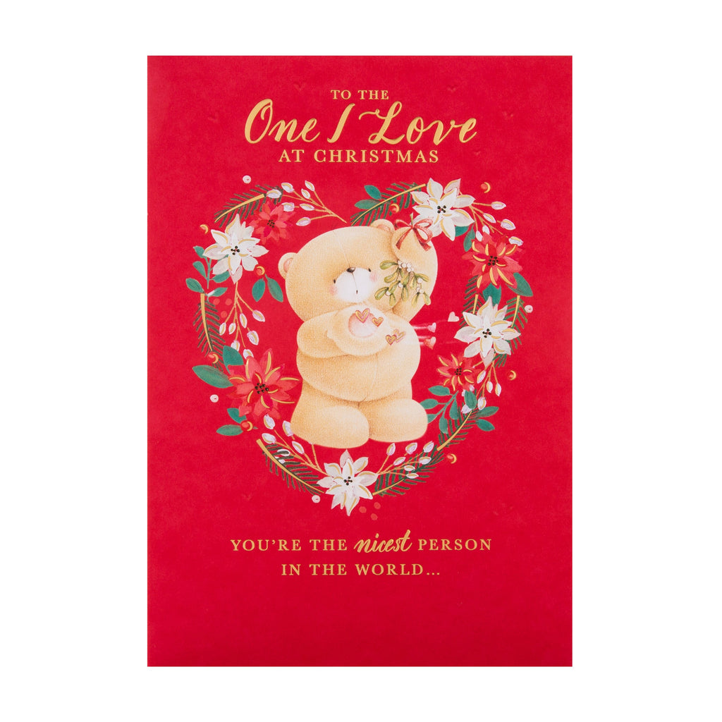 Christmas Card for The One I Love - Cute Forever Friends Mistletoe Design with Gold Foil
