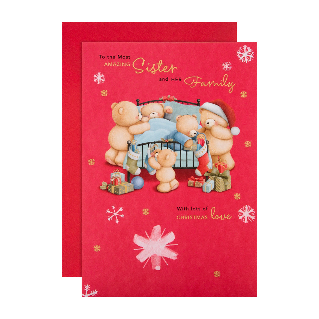 Christmas Card for Sister and her Family - Cute Forever Friends Design with Gold Foil