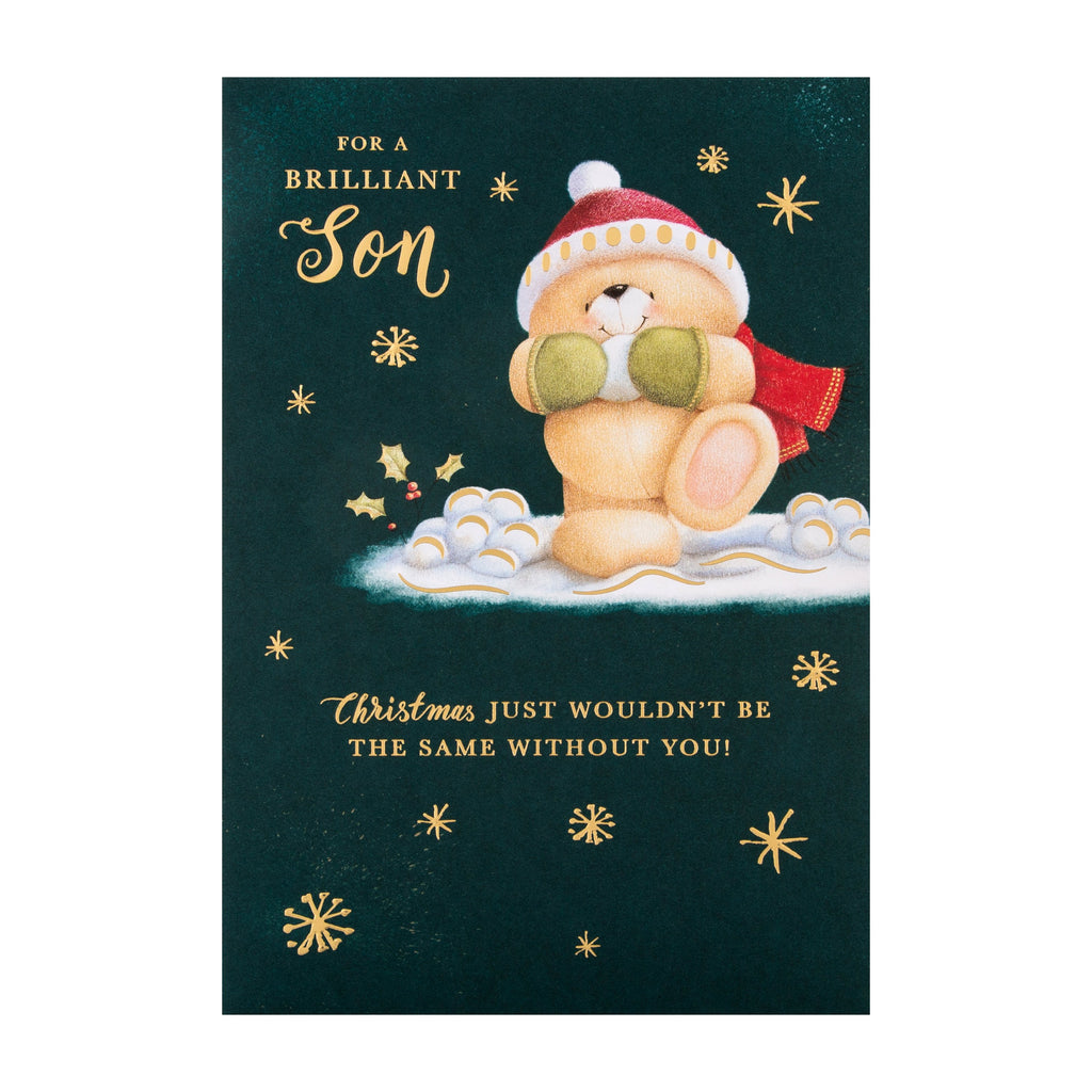 Christmas Card for Son - Cute Forever Friends Snowball Design with Gold Foil